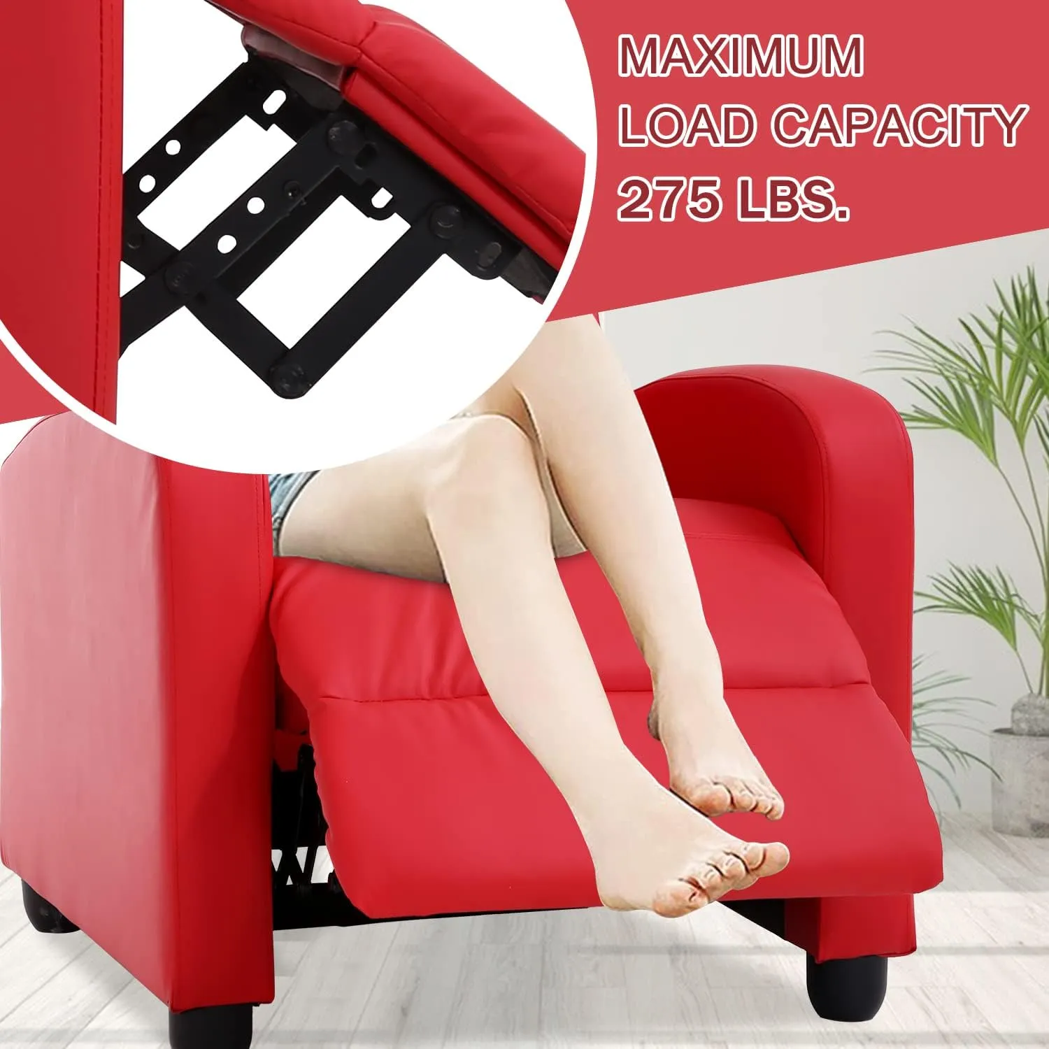 Living Room Recliner Chair Modern Reclining Easy Lounge Winback Single Sofa Reading Chair PU Leather Home Theater Seating Massage Adjustable Accent Armchair w/ Thick Seat Cushion & Backrest, Red