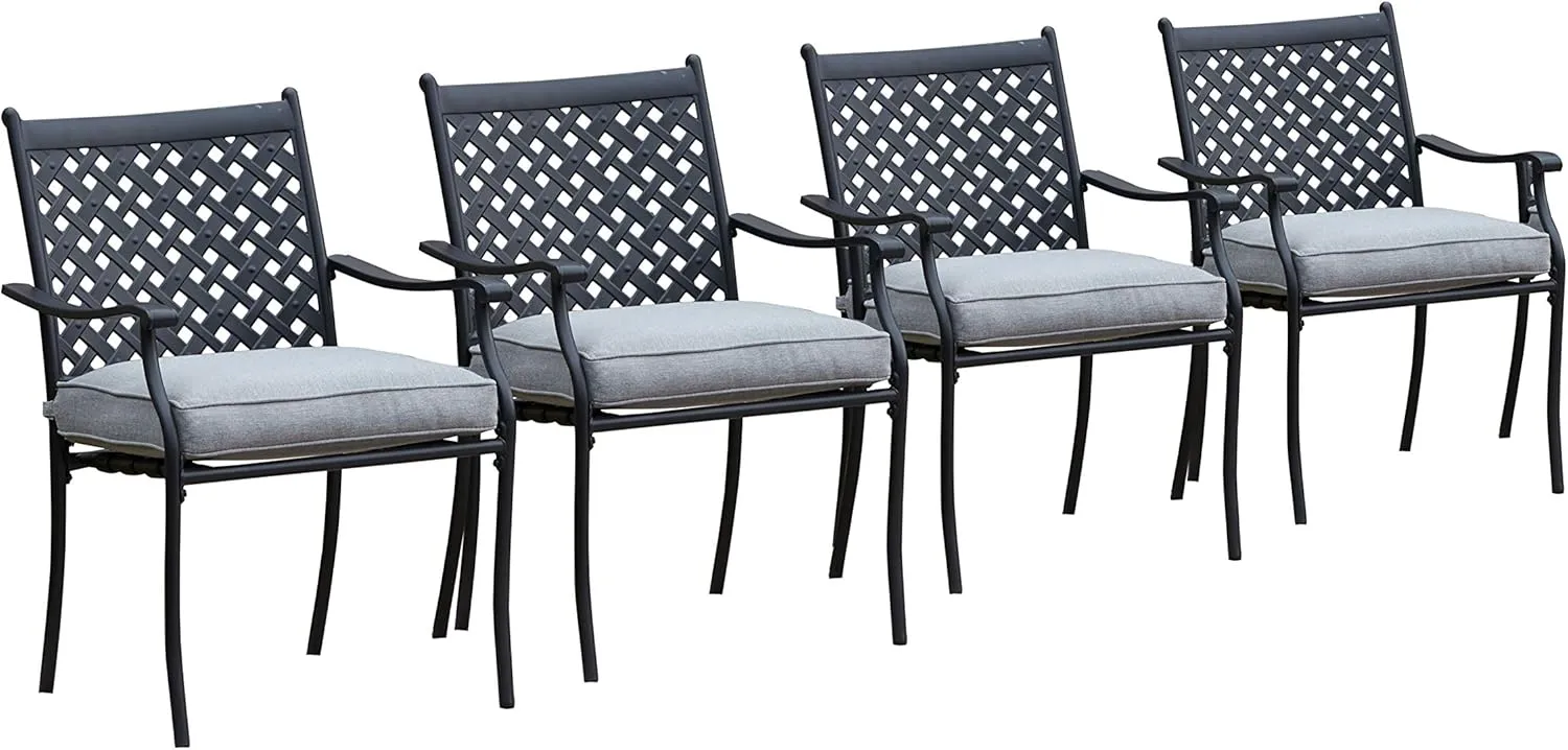 LOKATSE HOME 4 Piece Outdoor Patio Metal Wrought Iron Dining Chair Set with Arms and Seat Cushions - Grey