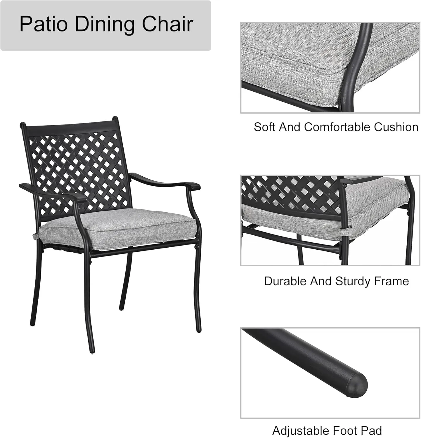 LOKATSE HOME 4 Piece Outdoor Patio Metal Wrought Iron Dining Chair Set with Arms and Seat Cushions - Grey