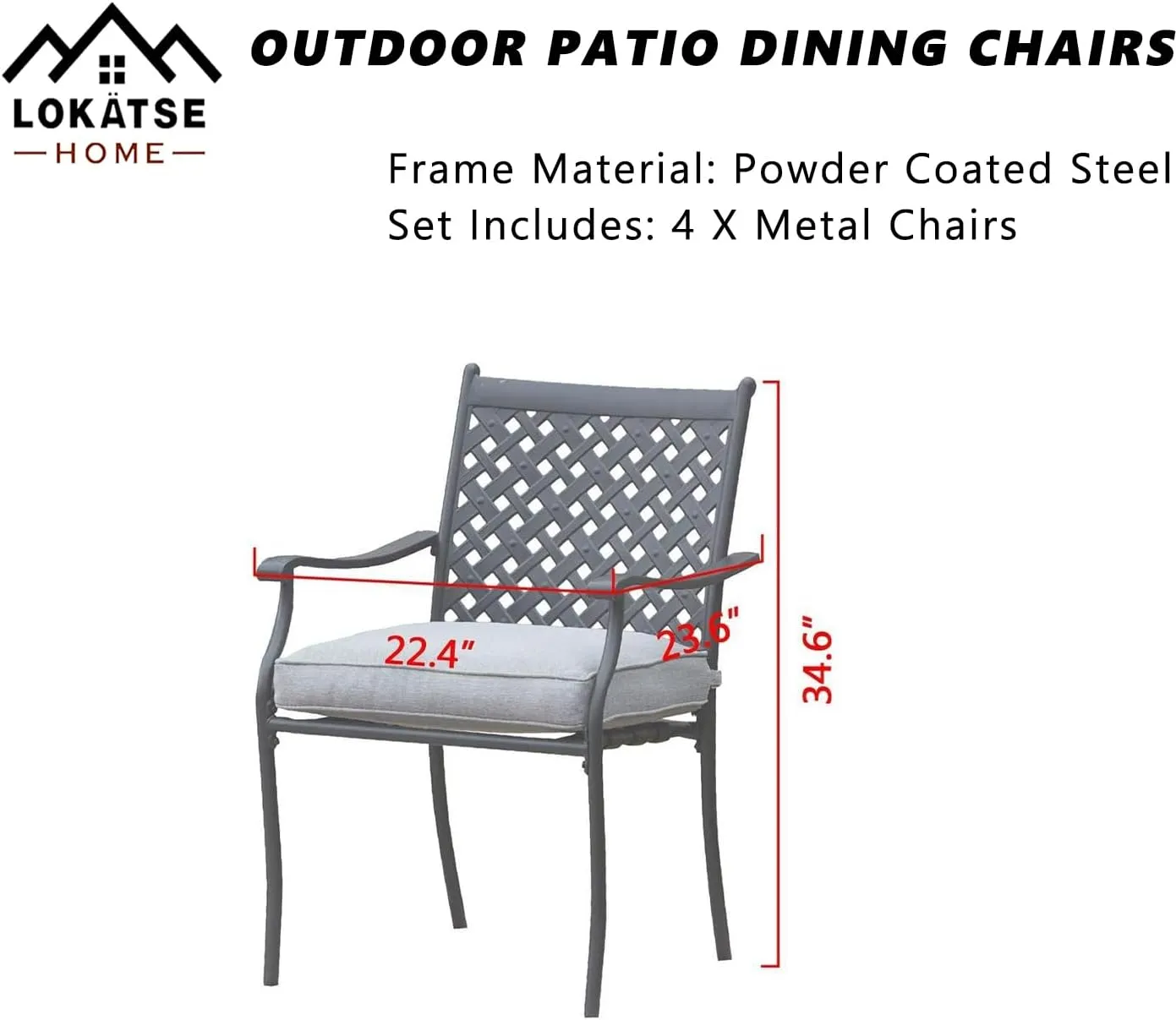 LOKATSE HOME 4 Piece Outdoor Patio Metal Wrought Iron Dining Chair Set with Arms and Seat Cushions - Grey