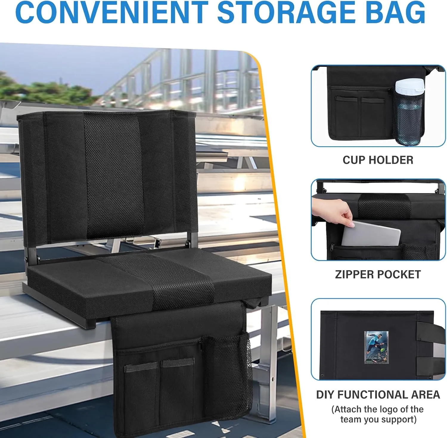 M KARMATER Stadium Seat,Portable Stadium seat Cushion with Back Support,Padded Folding Comfort Stadium Chair with Shoulder Strap,Bleacher Chairs Perfect for Sports Events