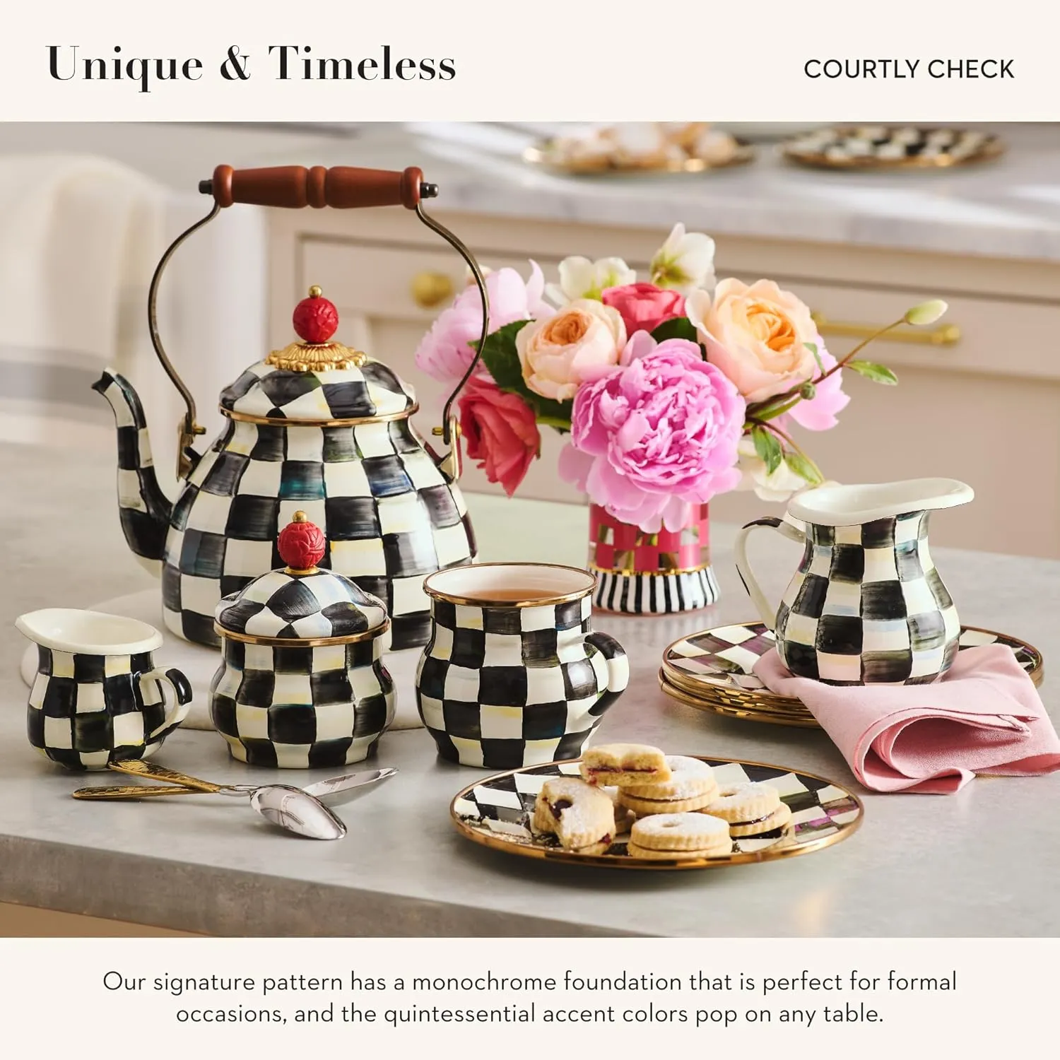 MACKENZIE-CHILDS Enamel Tea Kettle, Cute Kitchen Kettle for Stovetop, 3-Quart Capacity, Black-and-White Courtly Check with Bird Topper