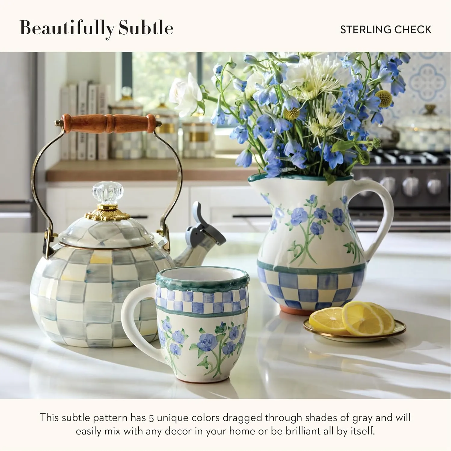 MACKENZIE-CHILDS Enamel Whistling Tea Kettle, Decorative Teapot for Stovetop, Gray-and-White Sterling Check