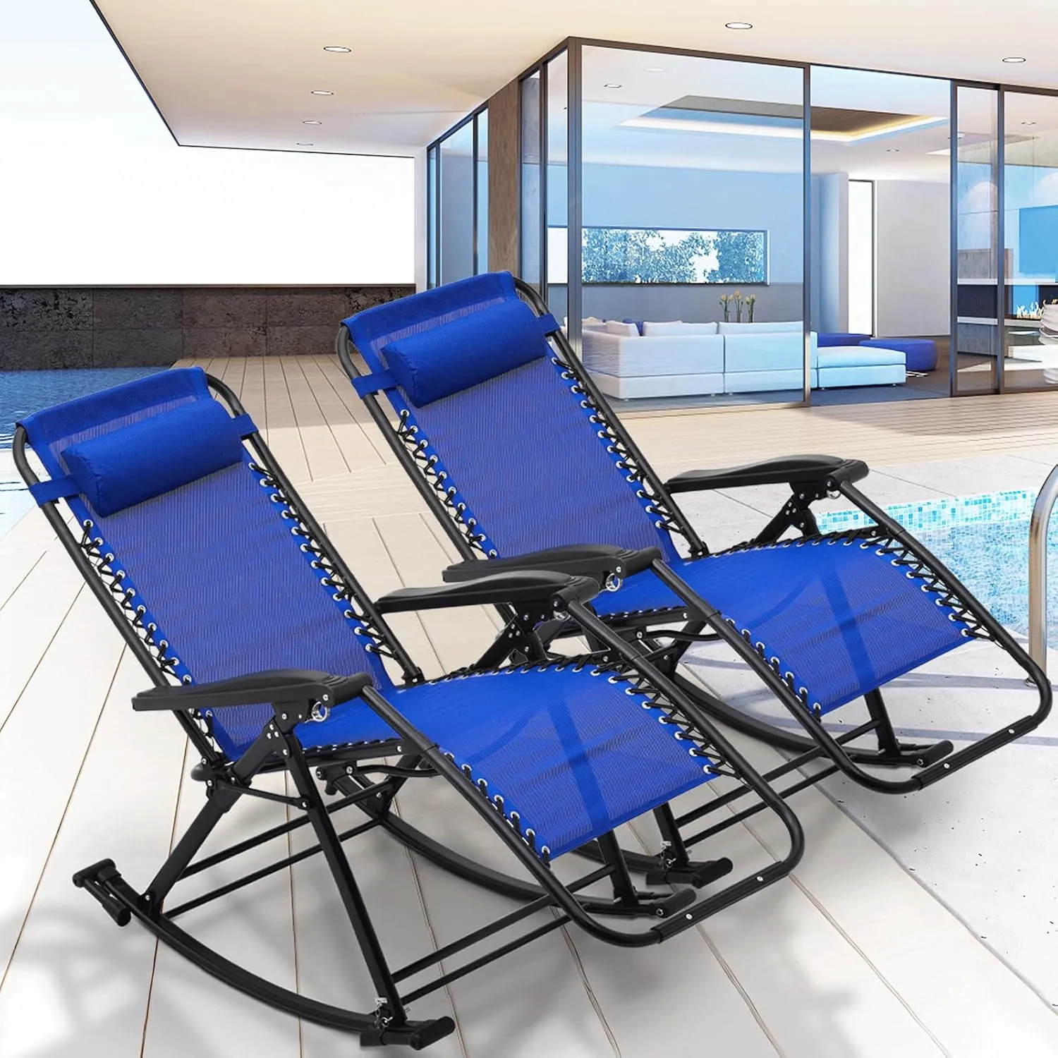 Magshion Patio Rocking Chair 2 Pieces Zero Gravity Chair Outdoor Folding Recliner Foldable Lounge Chair Outdoor Pool Chair for Home Living Room Backyard Balcony and Beach, Support up to 300 lbs (Blue)