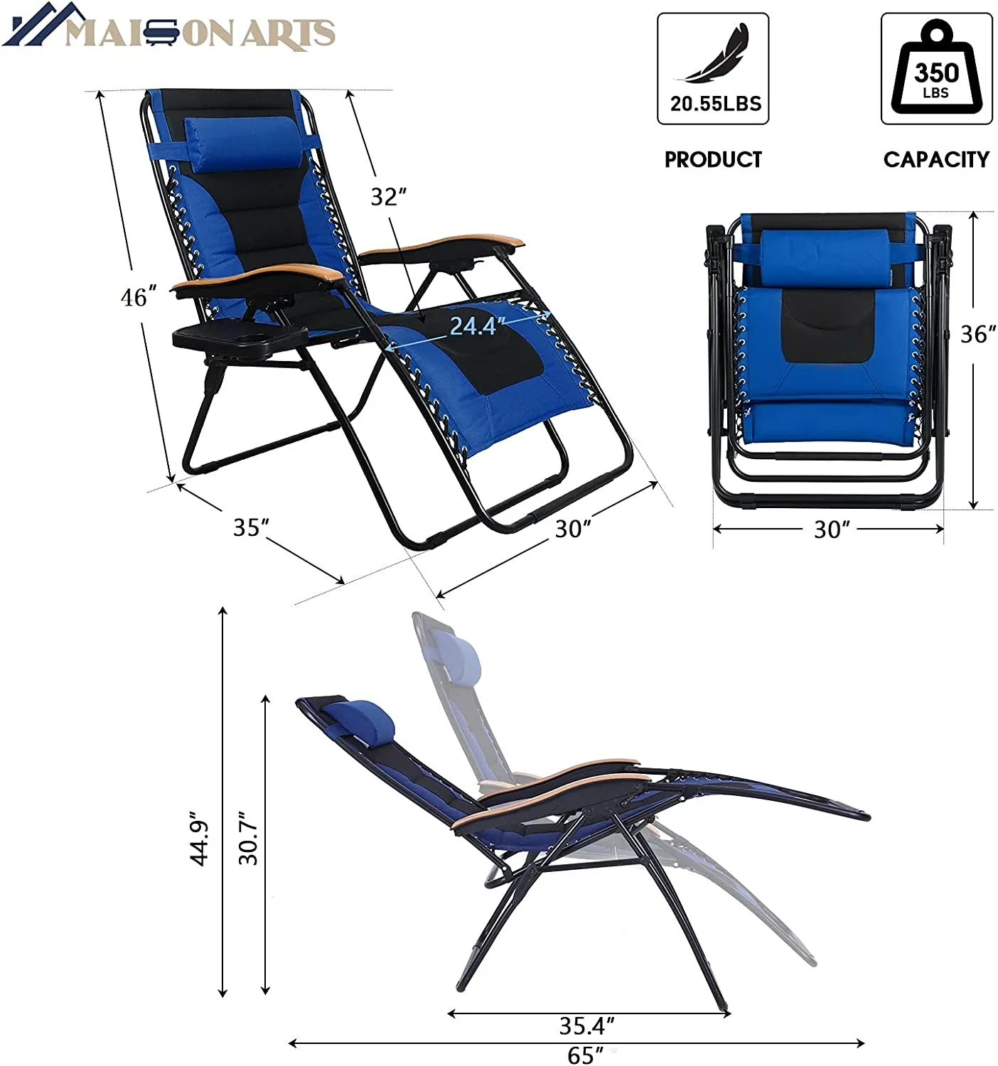 MAISON ARTS Oversize Zero Gravity Lawn Chairs Set of 2 XL Padded Anti Gravity Lounge Chairs Adjustable Recliner w/Pillow & Cup Holder Outdoor Camp Chairs for Poolside Yard, Support 350lbs, Blue