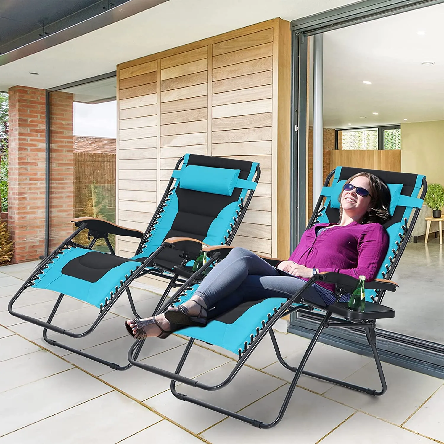 MAISON ARTS Oversize Zero Gravity Lawn Chairs Set of 2 XL Padded Anti Gravity Lounge Chairs Adjustable Recliner w/Pillow & Cup Holder Outdoor Camp Chairs for Poolside Yard, Support 350lbs, Blue