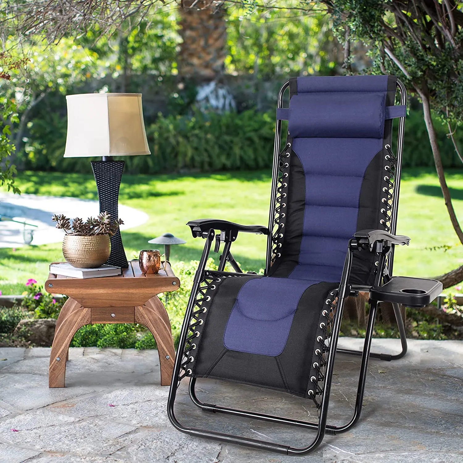 MAISON ARTS Oversize Zero Gravity Lawn Chairs Set of 2 XL Padded Anti Gravity Lounge Chairs Adjustable Recliner w/Pillow & Cup Holder Outdoor Camp Chairs for Poolside Yard, Support 350lbs, Blue