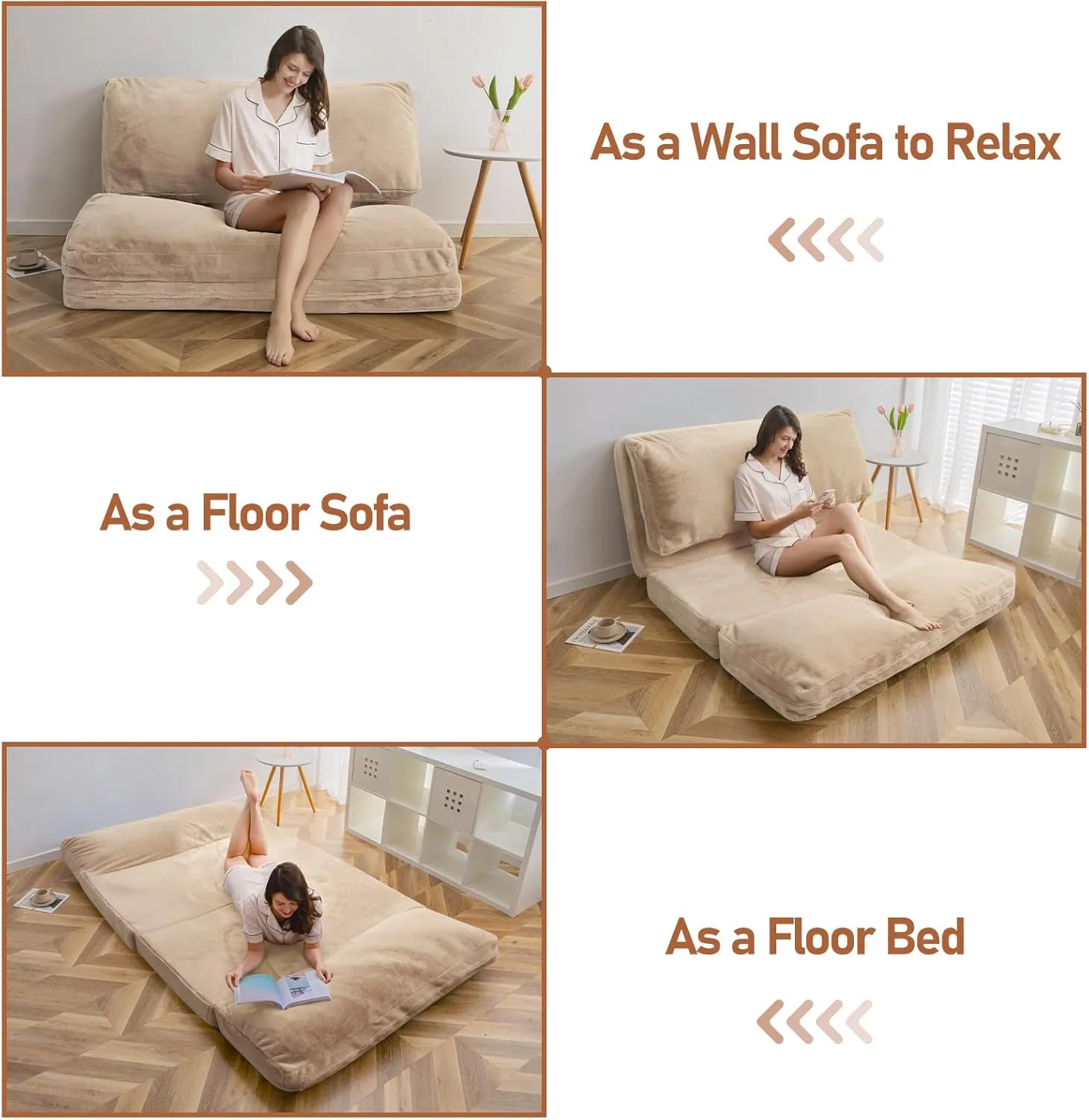 MAXYOYO Bean Bag Bed Folding Sofa Bed Floor Mattress for Adults, Extra Thick and Long Floor Sofa with Faux Fur Washable Cover, Full Floor Couch Bed for Bedroom Living Room, Brown, 54x95 Inch