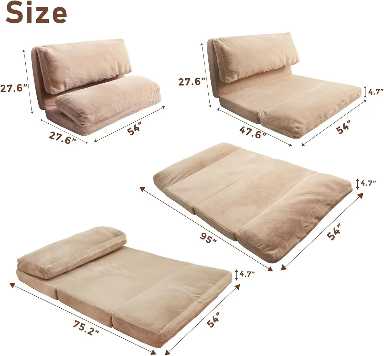MAXYOYO Bean Bag Bed Folding Sofa Bed Floor Mattress for Adults, Extra Thick and Long Floor Sofa with Faux Fur Washable Cover, Full Floor Couch Bed for Bedroom Living Room, Brown, 54x95 Inch