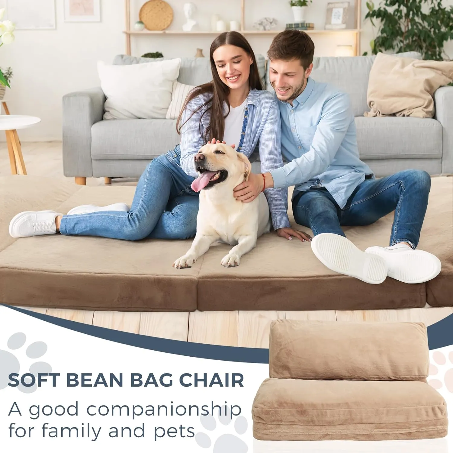 MAXYOYO Bean Bag Bed Folding Sofa Bed Floor Mattress for Adults, Extra Thick and Long Floor Sofa with Faux Fur Washable Cover, Full Floor Couch Bed for Bedroom Living Room, Brown, 54x95 Inch