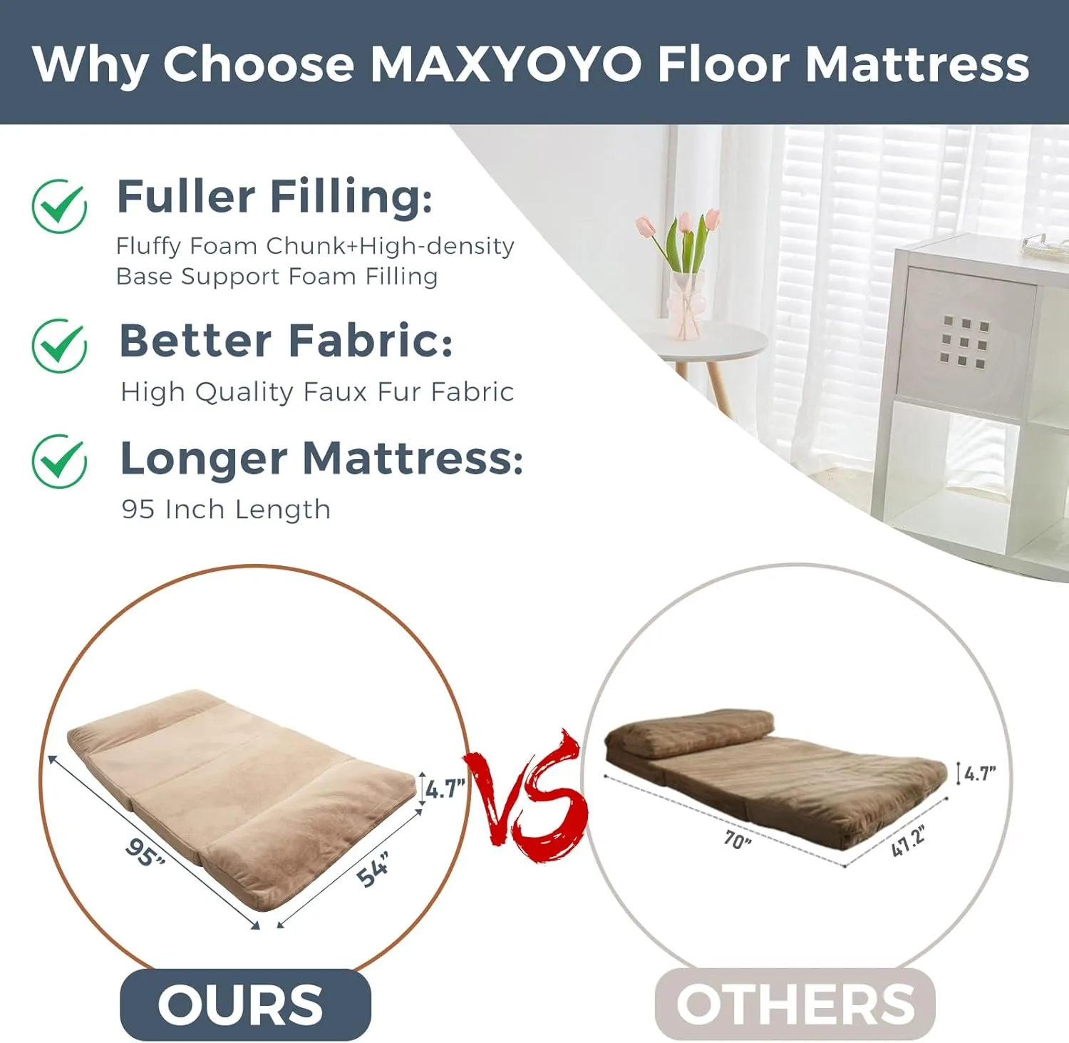 MAXYOYO Bean Bag Bed Folding Sofa Bed Floor Mattress for Adults, Extra Thick and Long Floor Sofa with Faux Fur Washable Cover, Full Floor Couch Bed for Bedroom Living Room, Brown, 54x95 Inch