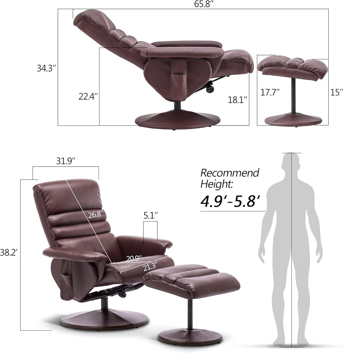 Mcombo Recliner with Ottoman, Reclining Chair with Massage, 360 Swivel Living Room Chair Faux Leather, 7902 (Dark Brown)