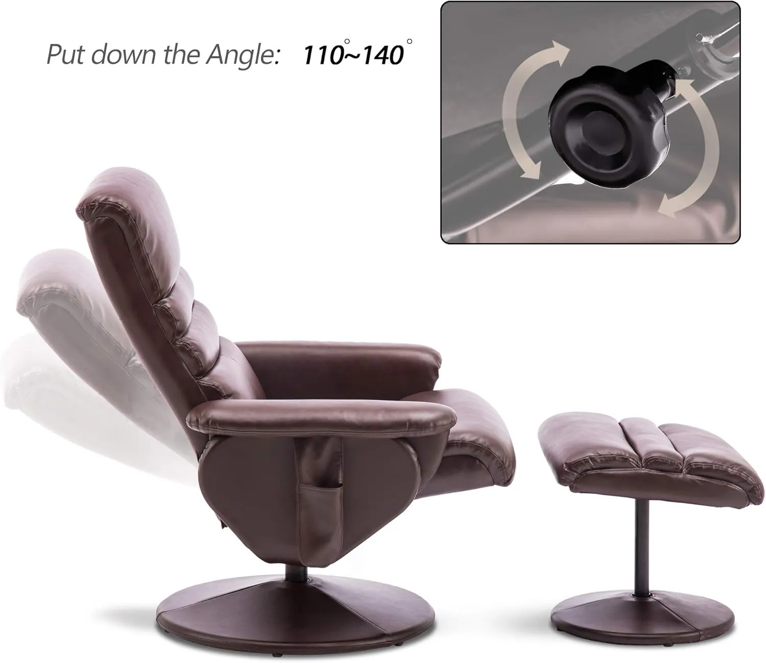 Mcombo Recliner with Ottoman, Reclining Chair with Massage, 360 Swivel Living Room Chair Faux Leather, 7902 (Dark Brown)