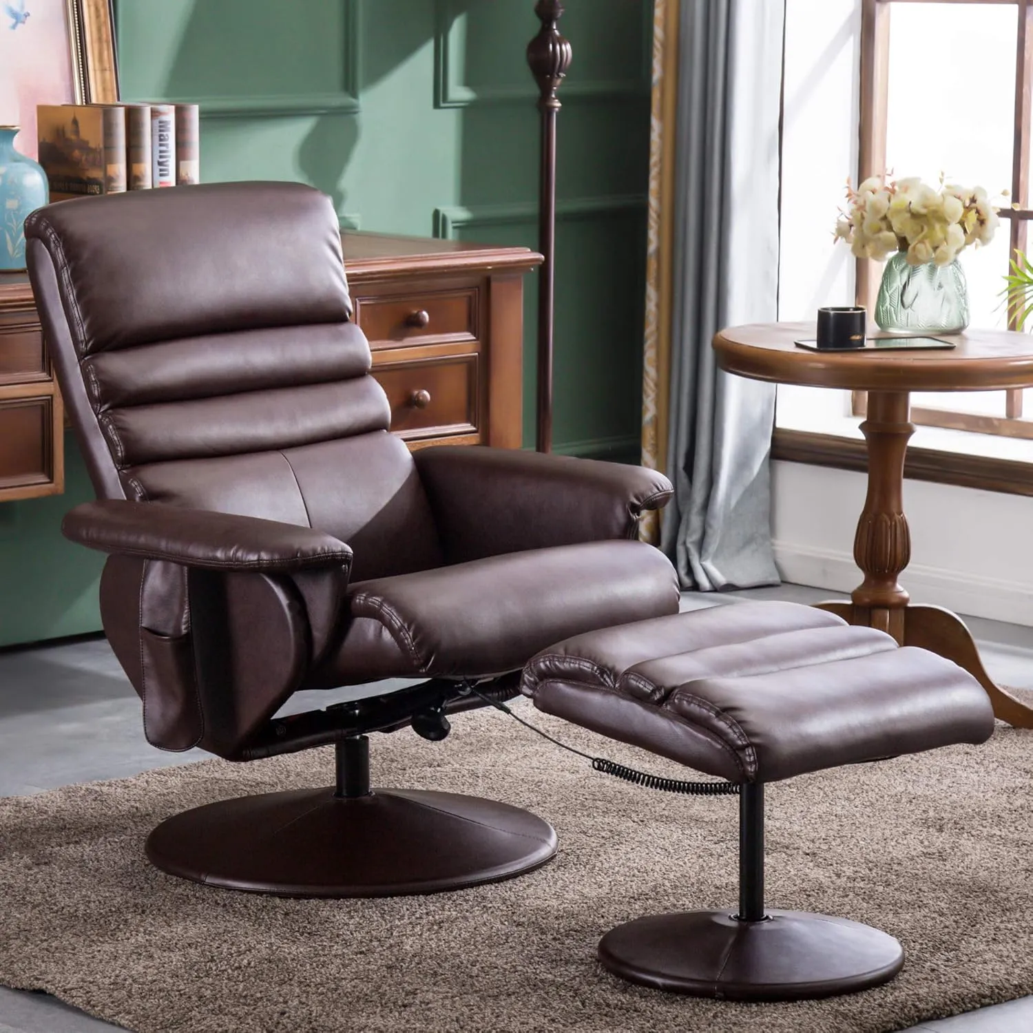 Mcombo Recliner with Ottoman, Reclining Chair with Massage, 360 Swivel Living Room Chair Faux Leather, 7902 (Dark Brown)