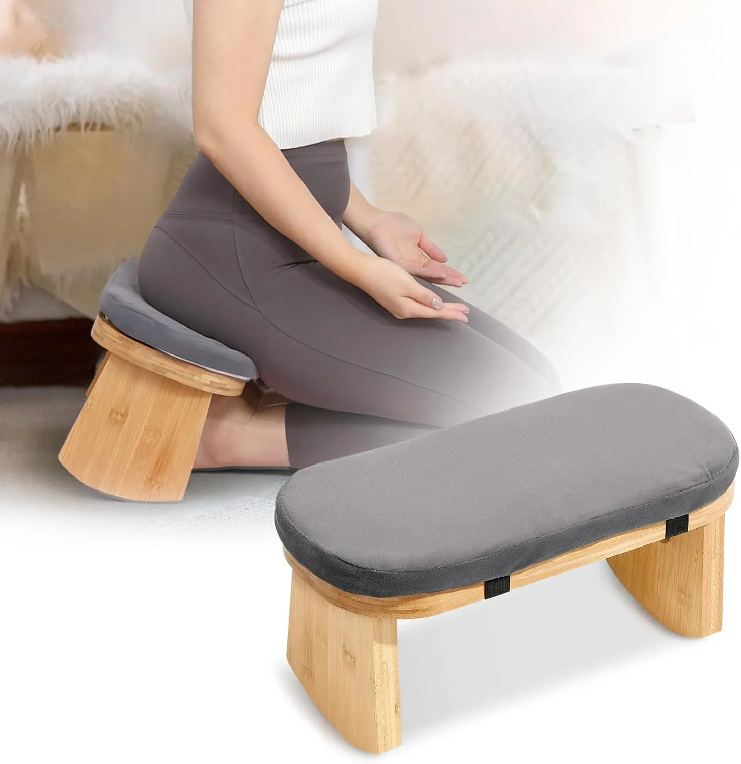 Meditation Bench, Folding Meditation Chair with Cushion, Bamboo Meditation Stool with Anti-Slip Mat, Adjustable Yoga Stool with Curved Bottom Edges, Prayer Bench