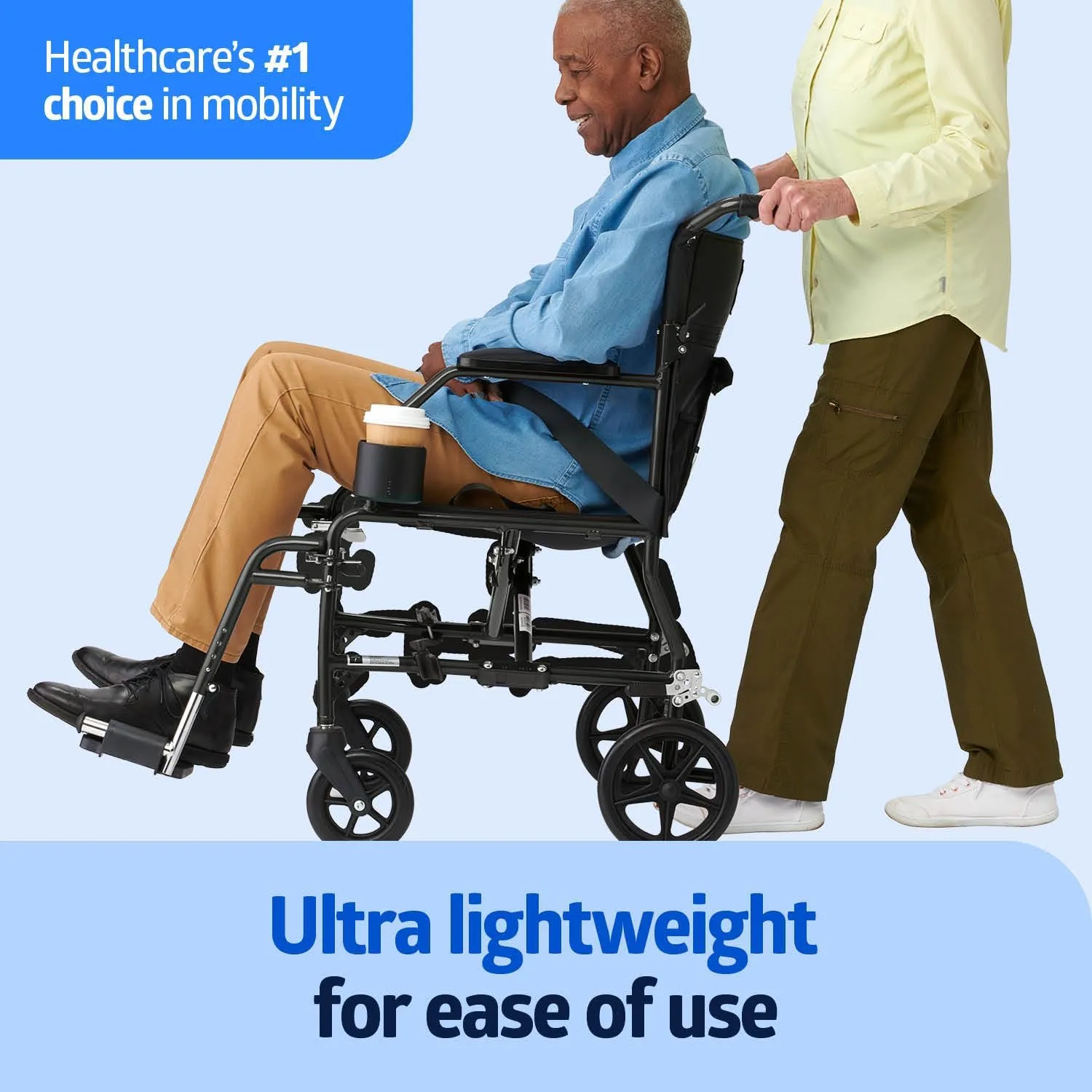 Medline Ultra Lightweight Transport Wheelchair for Adults, Foldable, 19-Inch Seat Width, Black Frame, Black Upholstery