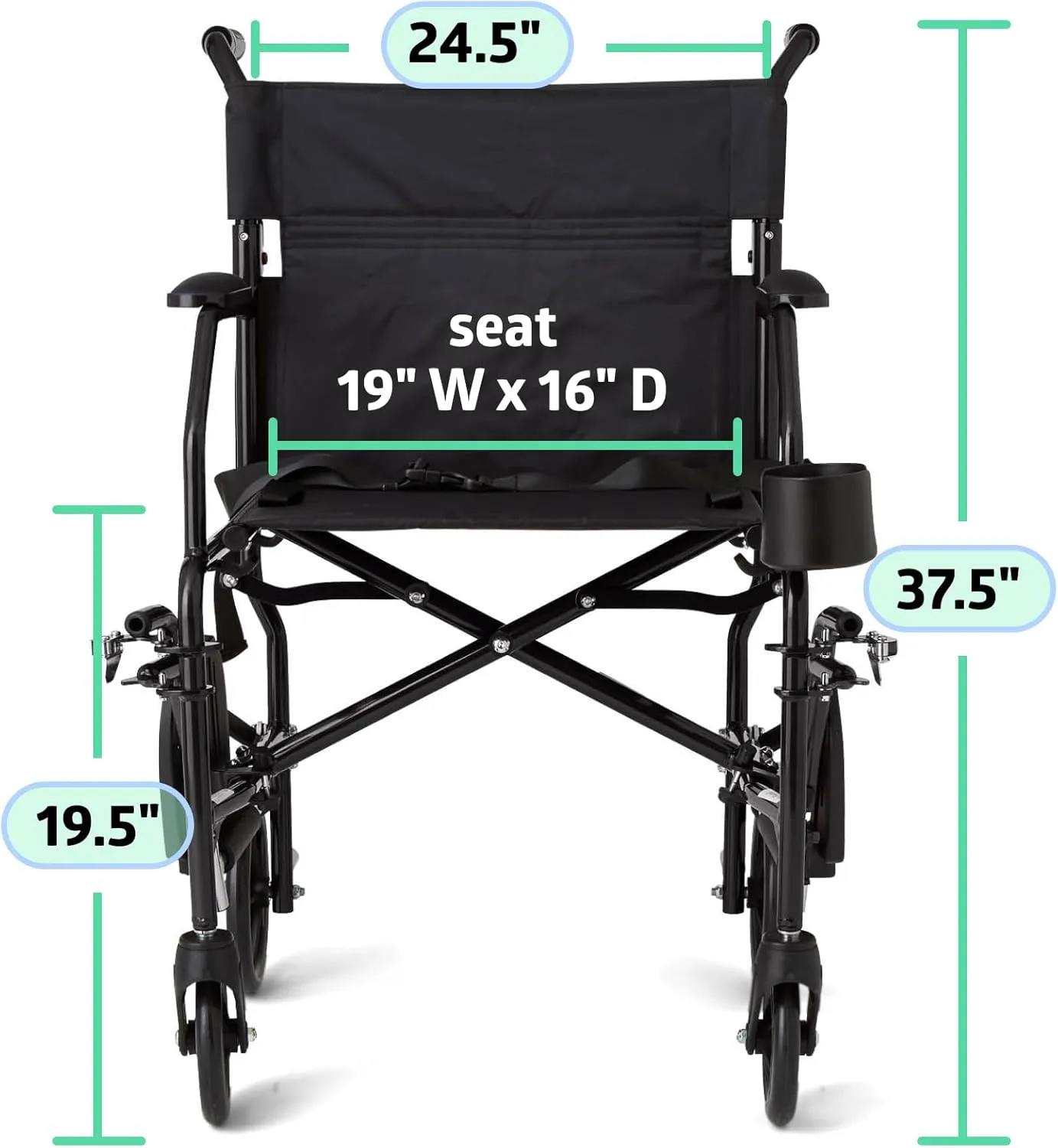 Medline Ultra Lightweight Transport Wheelchair for Adults, Foldable, 19-Inch Seat Width, Black Frame, Black Upholstery