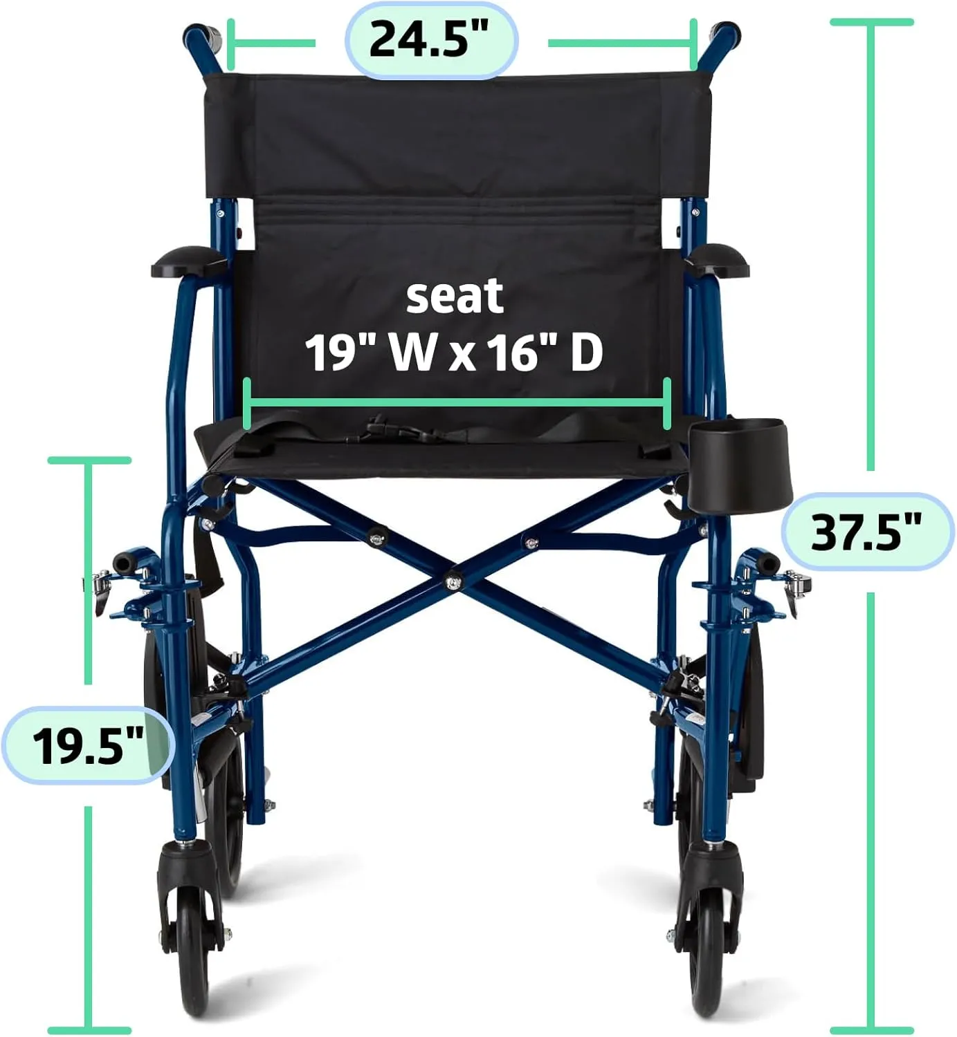 Medline Ultra Lightweight Transport Wheelchair for Adults, Foldable, 19-Inch Seat Width, Blue Frame, Black Upholstery