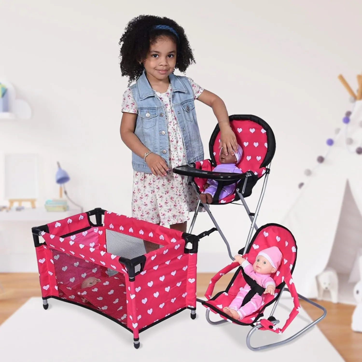 Mega Baby Doll Accessories Set, 3-1 Baby Doll Crib, Baby Doll High Chair & Bouncer Seat. 18 inch Doll Accessories with Doll Bed. 18" Dolls Furniture Play Stuff. Toys for Girls Ages 3-5,4-6,5-7,8-10