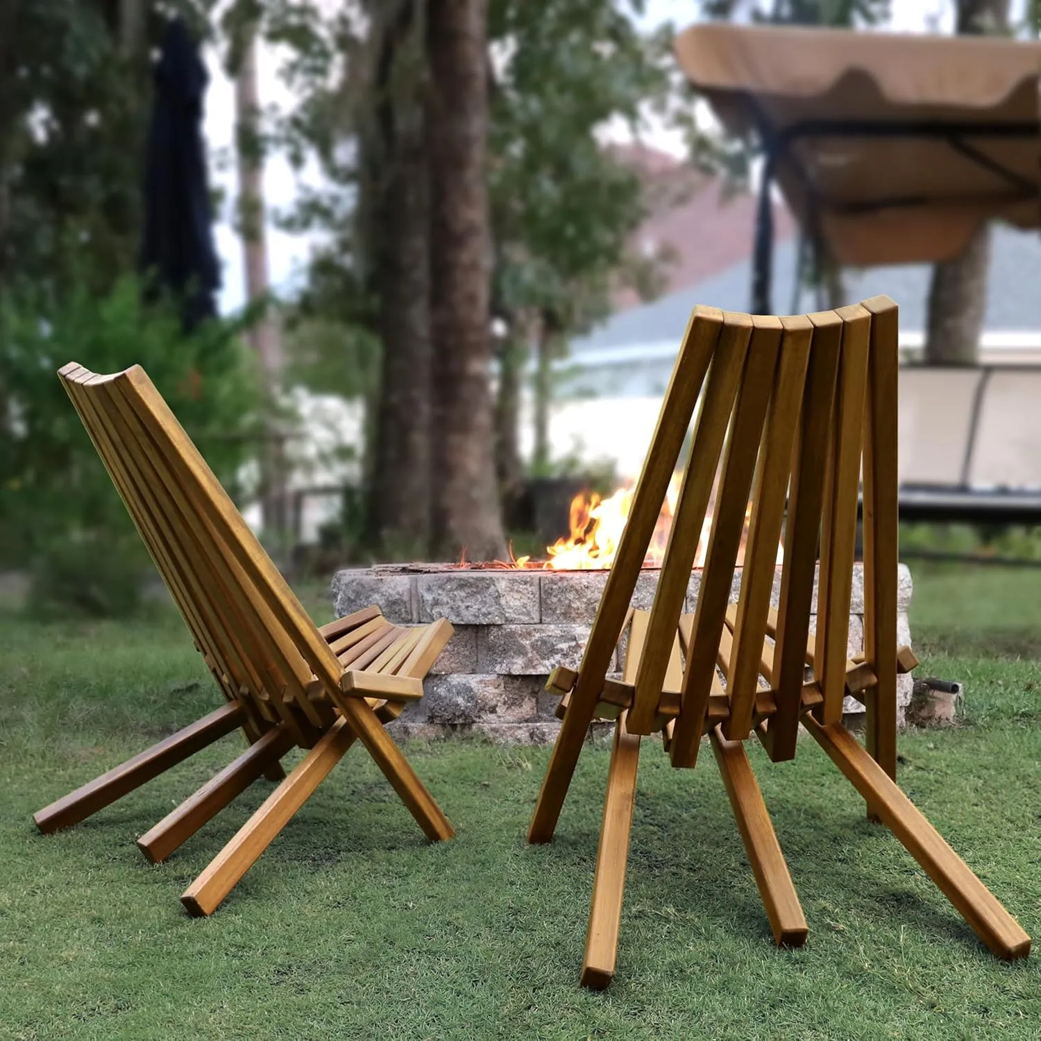 Melino Wooden Folding Chair Set of 2 - Low Profile Acacia Wood Outdoor Furniture Patio Lounge Chair with FSC Certified - Fully Assembled Foldable Chairs for Patio, Porch, Pool Deck, Lawn, Garden