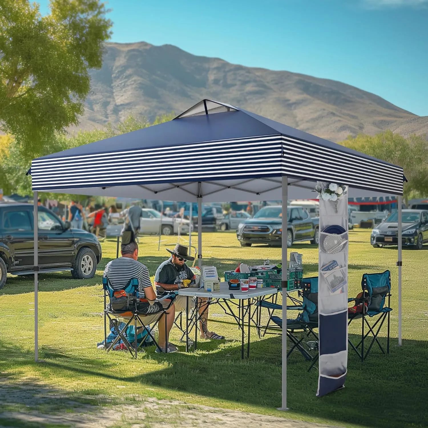 MFSTUDIO Pop Up Canopy Tent, 10x10 Outdoor Canopies Instant Portable Shelter Tens with Vented Top, Storage, 4 Sandbags, Beach Canopy, Blue White Stripe