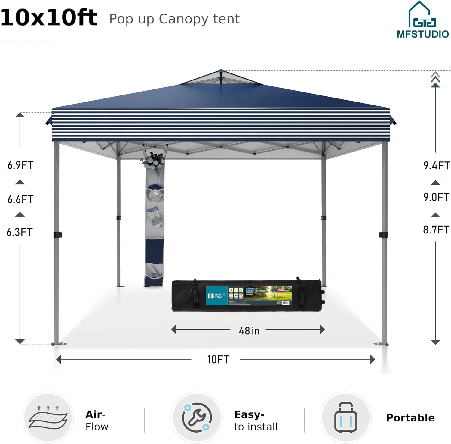 MFSTUDIO Pop Up Canopy Tent, 10x10 Outdoor Canopies Instant Portable Shelter Tens with Vented Top, Storage, 4 Sandbags, Beach Canopy, Blue White Stripe