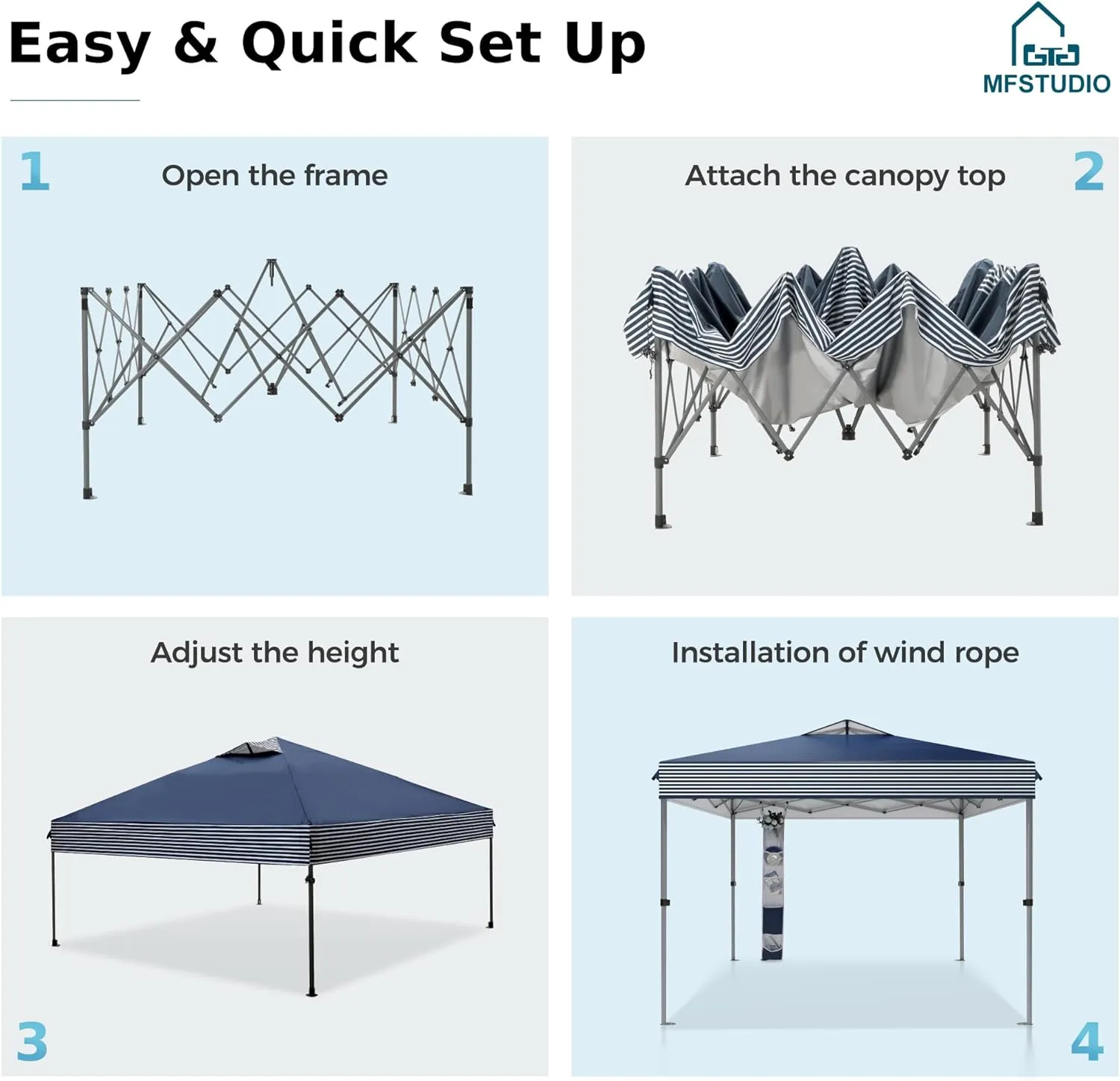 MFSTUDIO Pop Up Canopy Tent, 10x10 Outdoor Canopies Instant Portable Shelter Tens with Vented Top, Storage, 4 Sandbags, Beach Canopy, Blue White Stripe