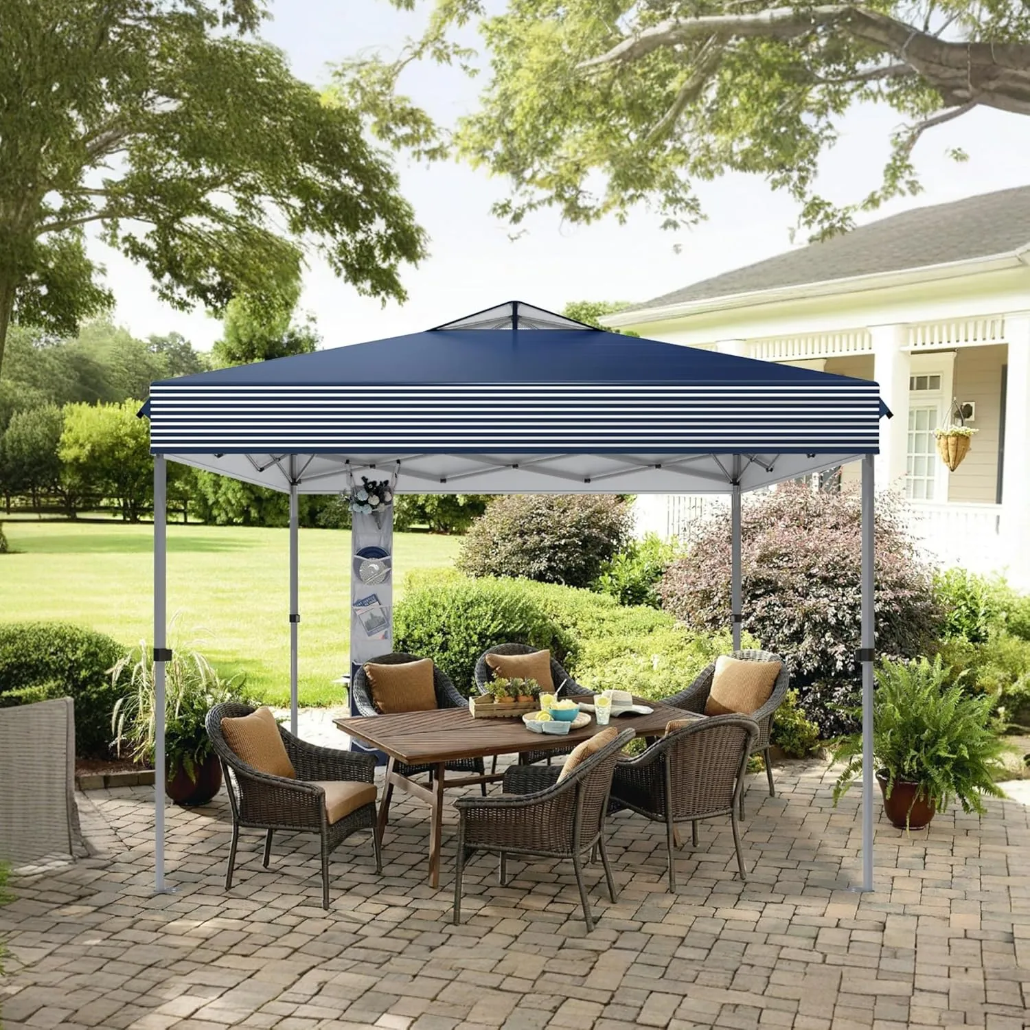 MFSTUDIO Pop Up Canopy Tent, 10x10 Outdoor Canopies Instant Portable Shelter Tens with Vented Top, Storage, 4 Sandbags, Beach Canopy, Blue White Stripe