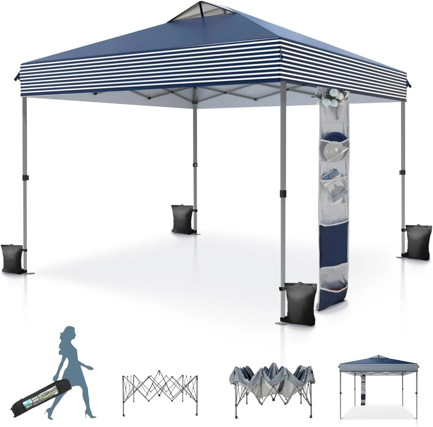 MFSTUDIO Pop Up Canopy Tent, 10x10 Outdoor Canopies Instant Portable Shelter Tens with Vented Top, Storage, 4 Sandbags, Beach Canopy, Blue White Stripe