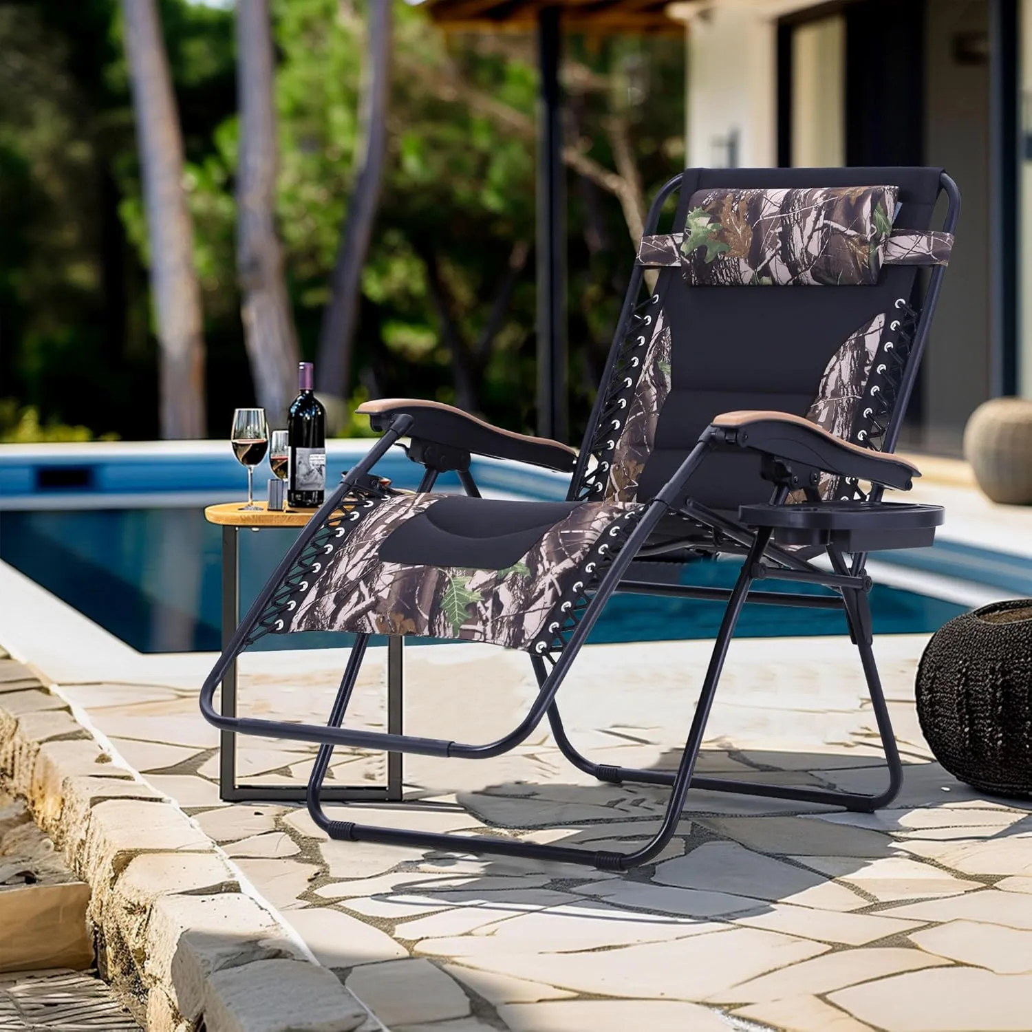 MFSTUDIO Zero Gravity Chairs, Oversized Patio Recliner Chair, Padded Folding Lawn Chair with Cup Holder Tray, Support 400lbs, Camouflage