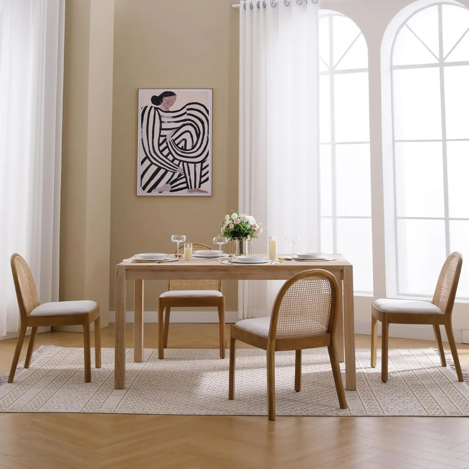 Mid Century Dining Chairs Set of 4, Accent Rattan Linen Fabric Side Chairs Kitchen Chair with Solid Wooden Legs for Living Room Dining Room, Beige