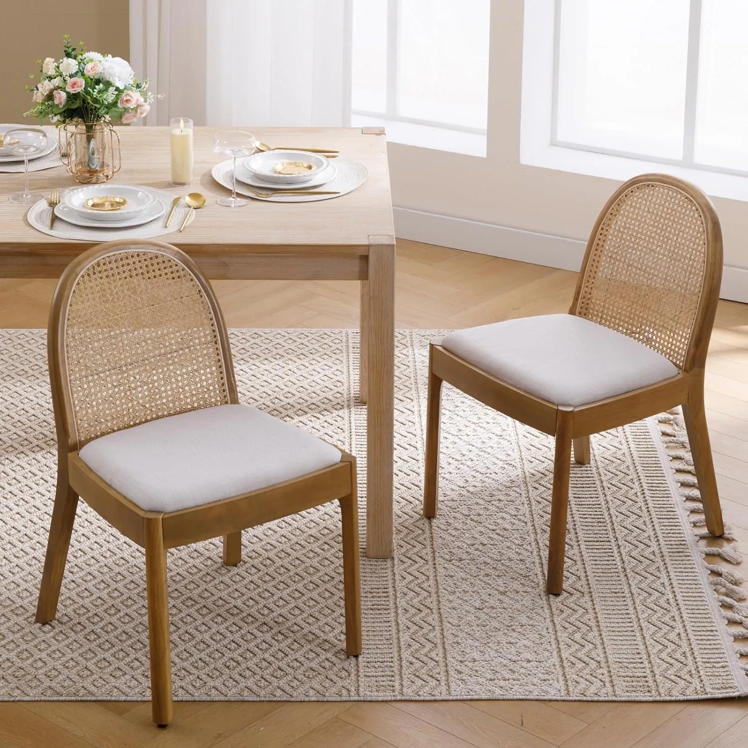 Mid Century Dining Chairs Set of 4, Accent Rattan Linen Fabric Side Chairs Kitchen Chair with Solid Wooden Legs for Living Room Dining Room, Beige