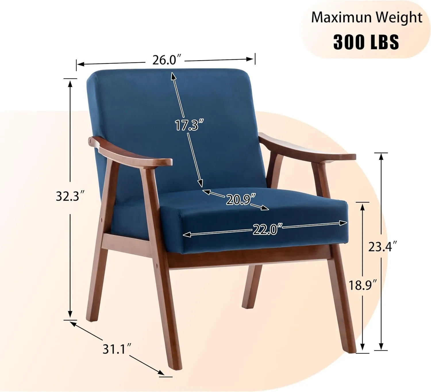 Mid Century Modern Accent Chair, Upholstered Living Room Chairs with wood frame, Chenille fabric arm chair, Boho Accent Chairs for Living Room, Reading Armchair for living room, sunroom (Dark Blue)
