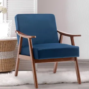 Mid Century Modern Accent Chair, Upholstered Living Room Chairs with wood frame, Chenille fabric arm chair, Boho Accent Chairs for Living Room, Reading Armchair for living room, sunroom (Dark Blue)