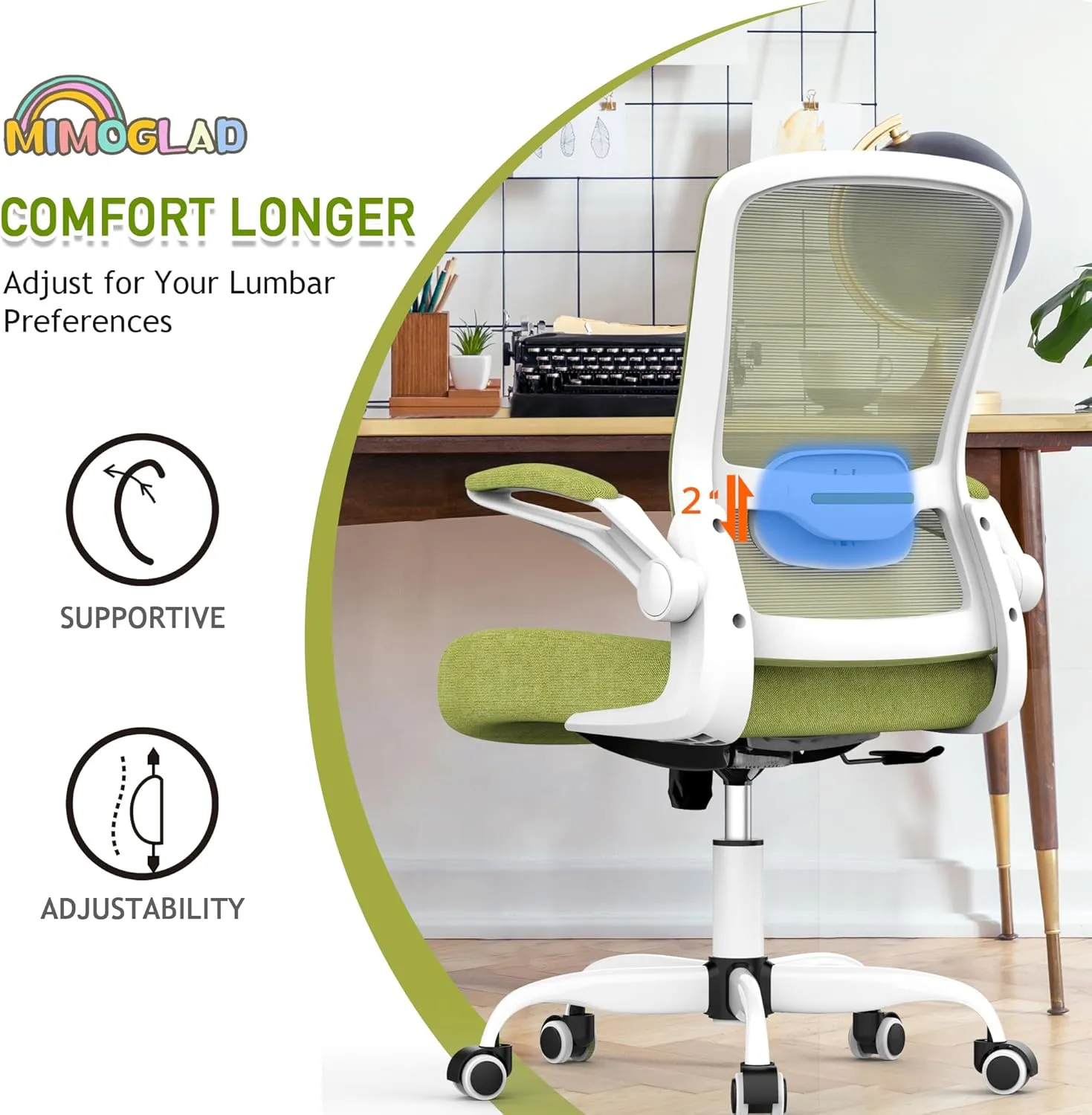 Mimoglad Ergonomic High Back Mesh Office Chair, Adjustable Lumbar Support, Thickened Seat Cushion (Modern, Green Pear)
