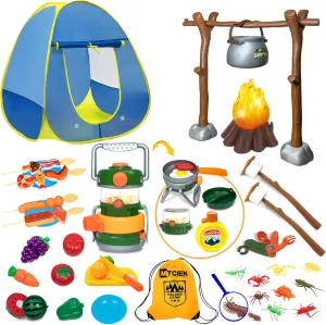 MITCIEN Kids Play Tent with Campfire, Toddlers Camping Set, Oil Lantern with Sound, Cut Up Fruits, Marshmallow, Skewers, Pretend Camping Toys for 3 4 5 6  Year Old Boys and Girls