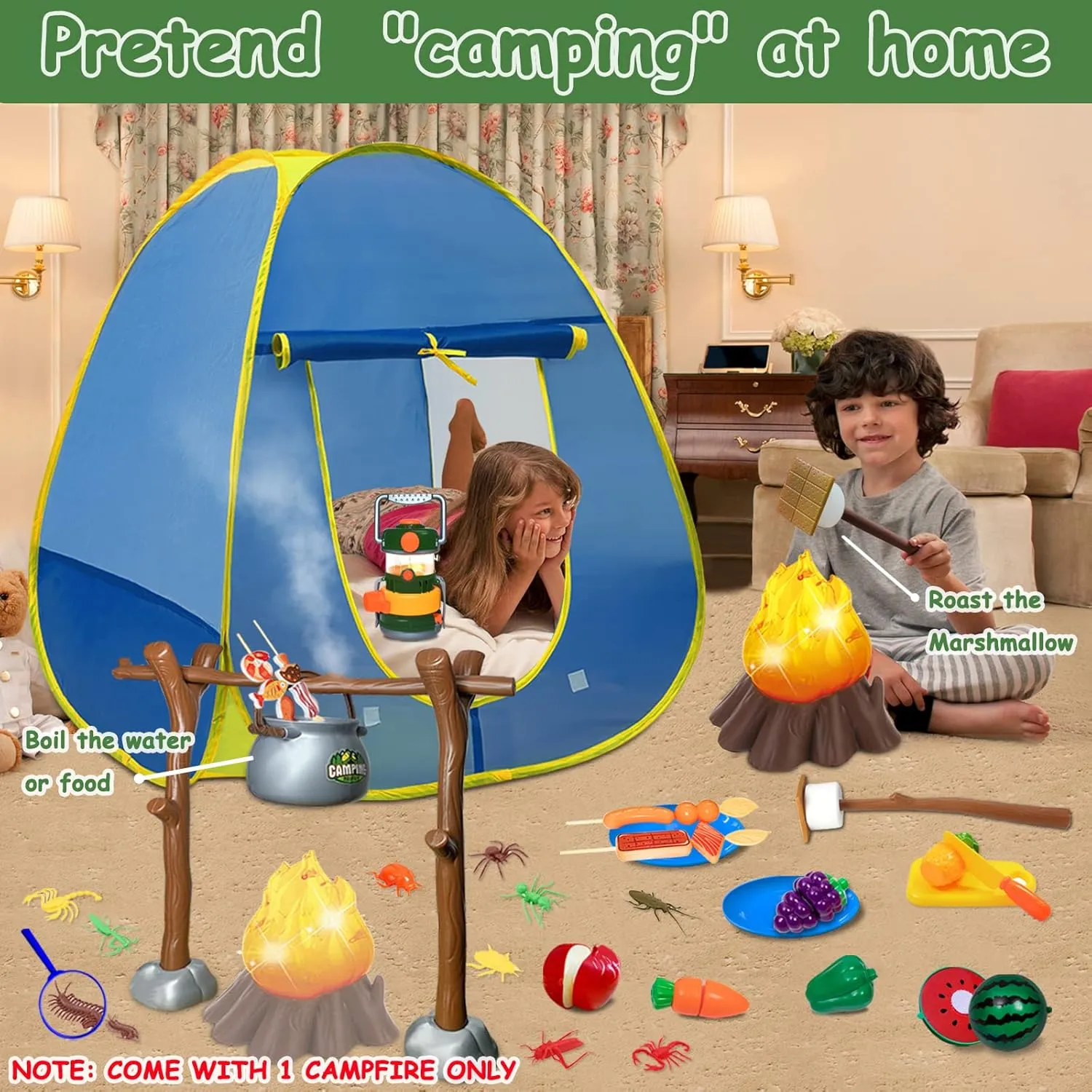 MITCIEN Kids Play Tent with Campfire, Toddlers Camping Set, Oil Lantern with Sound, Cut Up Fruits, Marshmallow, Skewers, Pretend Camping Toys for 3 4 5 6  Year Old Boys and Girls