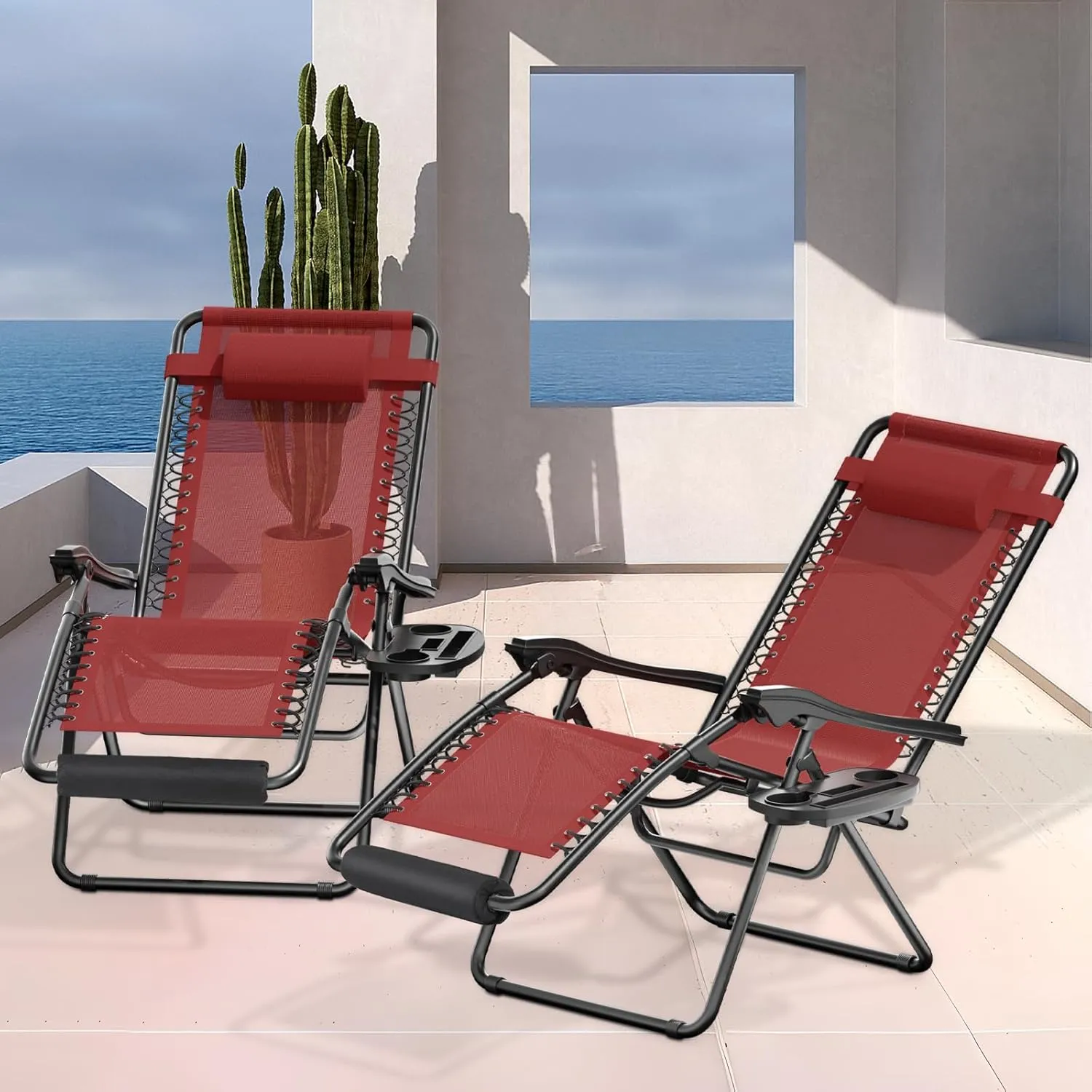 MoNiBloom 25-Inch Zero Gravity Chairs Set of 2, Patio Anti Gravity Recliner, Foldable Outdoor Lounger with Cup Holder Tray, Headrest and Footrest for Beach Camping, Maroon