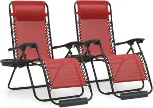 MoNiBloom 25-Inch Zero Gravity Chairs Set of 2, Patio Anti Gravity Recliner, Foldable Outdoor Lounger with Cup Holder Tray, Headrest and Footrest for Beach Camping, Maroon