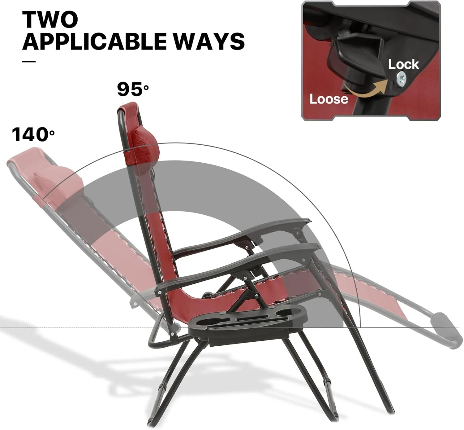 MoNiBloom 25-Inch Zero Gravity Chairs Set of 2, Patio Anti Gravity Recliner, Foldable Outdoor Lounger with Cup Holder Tray, Headrest and Footrest for Beach Camping, Maroon