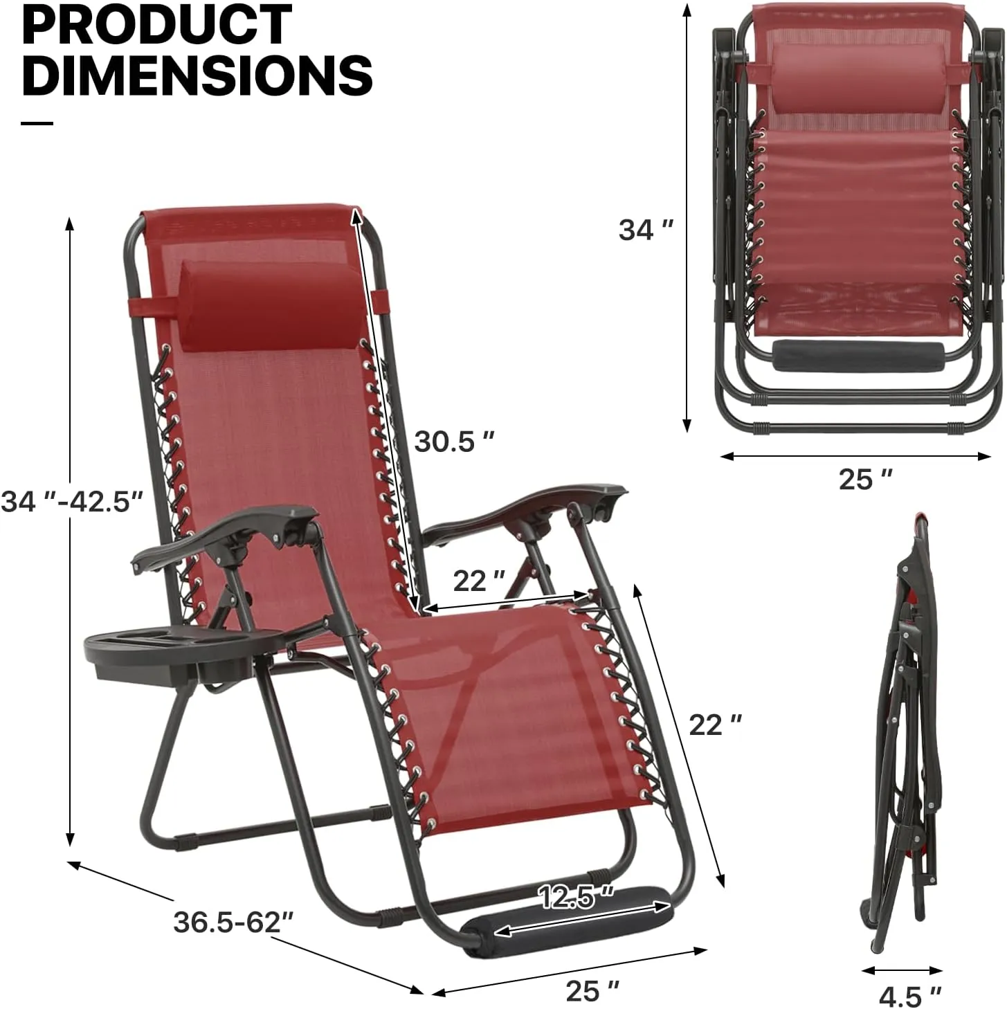 MoNiBloom 25-Inch Zero Gravity Chairs Set of 2, Patio Anti Gravity Recliner, Foldable Outdoor Lounger with Cup Holder Tray, Headrest and Footrest for Beach Camping, Maroon