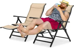 MoNiBloom 29-Inch Oversized Lounge Chair Set of 2 Patio Folding Lawn Chairs XL Outdoor High Back Chair Camp Reclining Chair with Retractable Footrest for Poolside Backyard, Cream