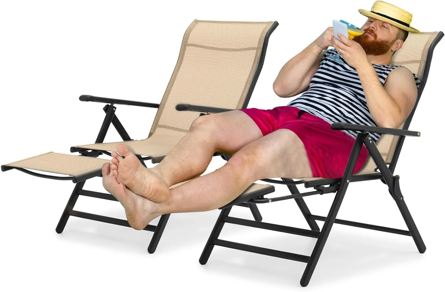 MoNiBloom 29-Inch Oversized Lounge Chair Set of 2 Patio Folding Lawn Chairs XL Outdoor High Back Chair Camp Reclining Chair with Retractable Footrest for Poolside Backyard, Cream