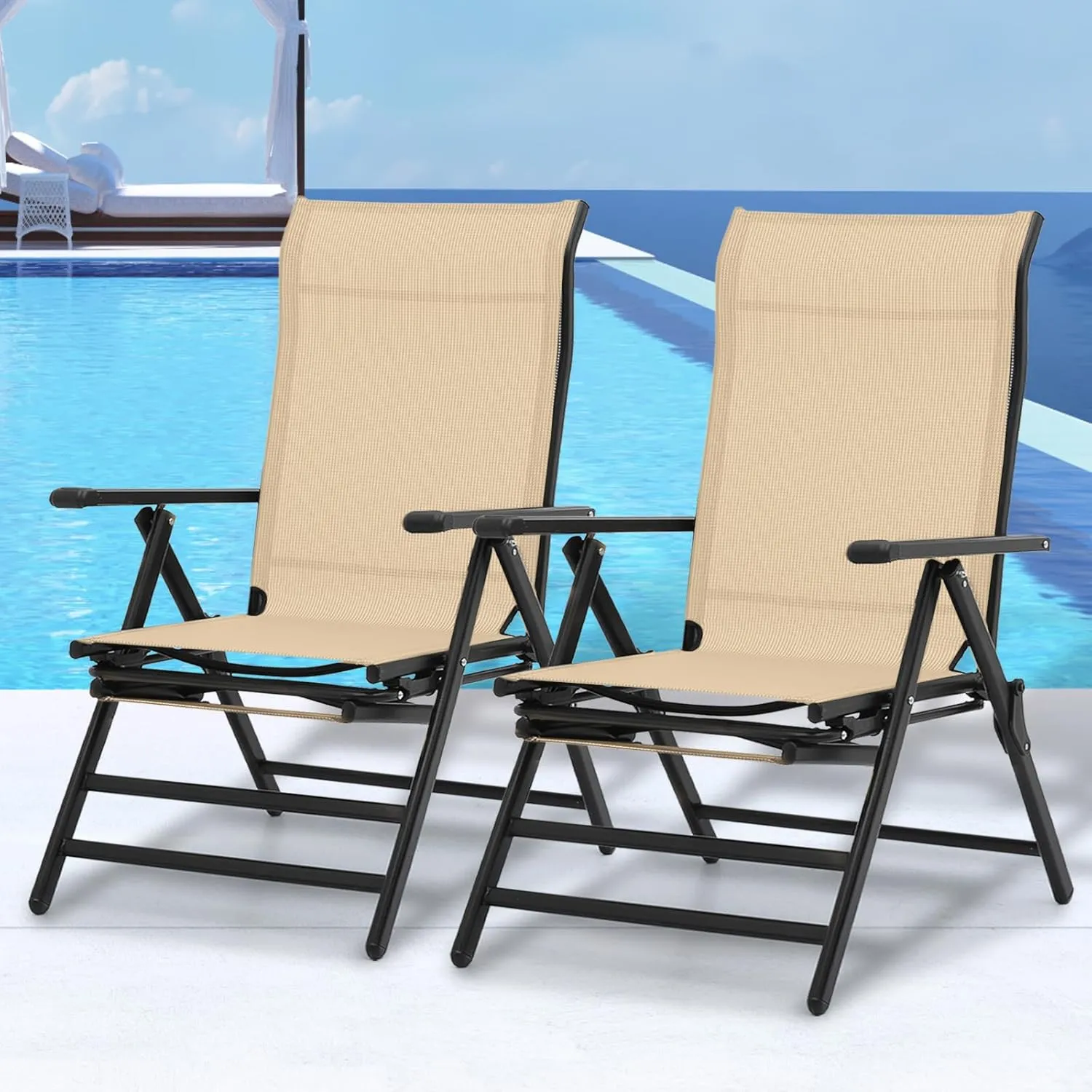 MoNiBloom 29-Inch Oversized Lounge Chair Set of 2 Patio Folding Lawn Chairs XL Outdoor High Back Chair Camp Reclining Chair with Retractable Footrest for Poolside Backyard, Cream