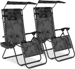 MoNiBloom Zero Gravity Chairs Set of 2, Patio Anti Gravity Recliners with Canopy Shade, Foldable Outdoor Lounger with Cup Holder Tray and Headrest for Beach Camping, Camouflage
