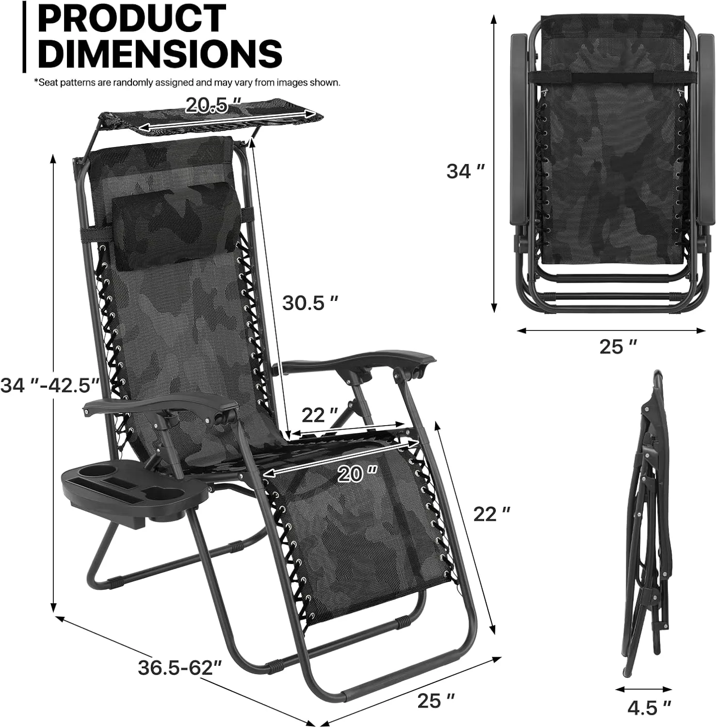 MoNiBloom Zero Gravity Chairs Set of 2, Patio Anti Gravity Recliners with Canopy Shade, Foldable Outdoor Lounger with Cup Holder Tray and Headrest for Beach Camping, Camouflage