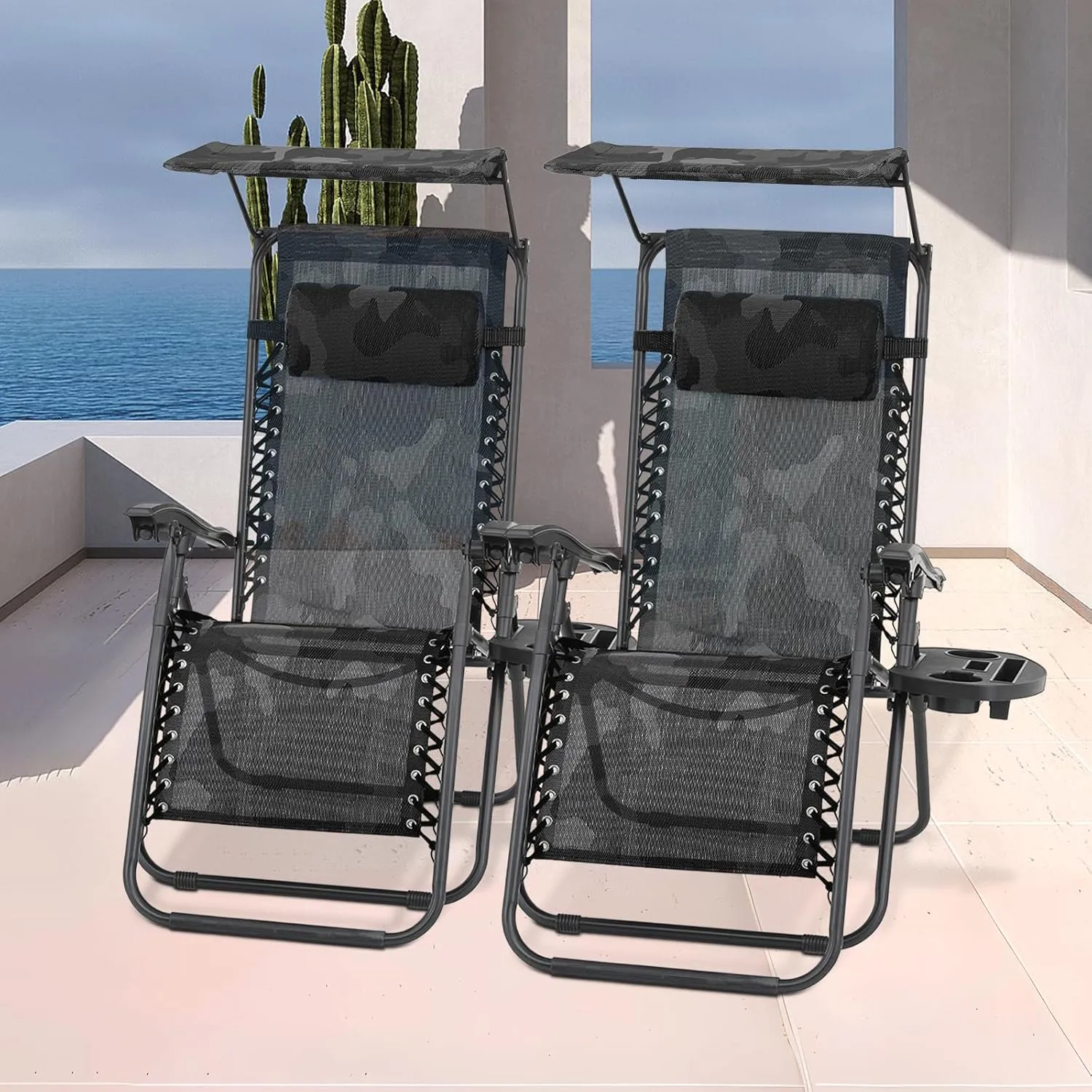 MoNiBloom Zero Gravity Chairs Set of 2, Patio Anti Gravity Recliners with Canopy Shade, Foldable Outdoor Lounger with Cup Holder Tray and Headrest for Beach Camping, Camouflage