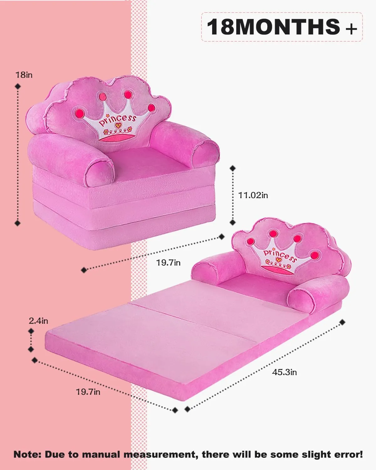 MOONBEEKI Kids Couch Fold Out, Foldable Princess Chair for Toddlers for Ages 18 Months and Up, Sofa Bed for Kids Folding Toddler Lounger Chair for Bedroom for Girl （Purple）