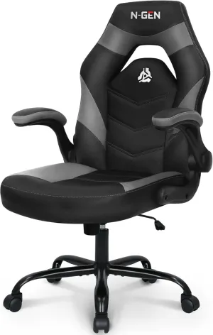 N-GEN GAMING Video Gaming Chair Ergonomic Office Desk Chair with Lumbar Support Adjustable Height Padded Flip Up Arms and Swivel Wheels Racing Style Design for Adults with PU Leather (Grey)
