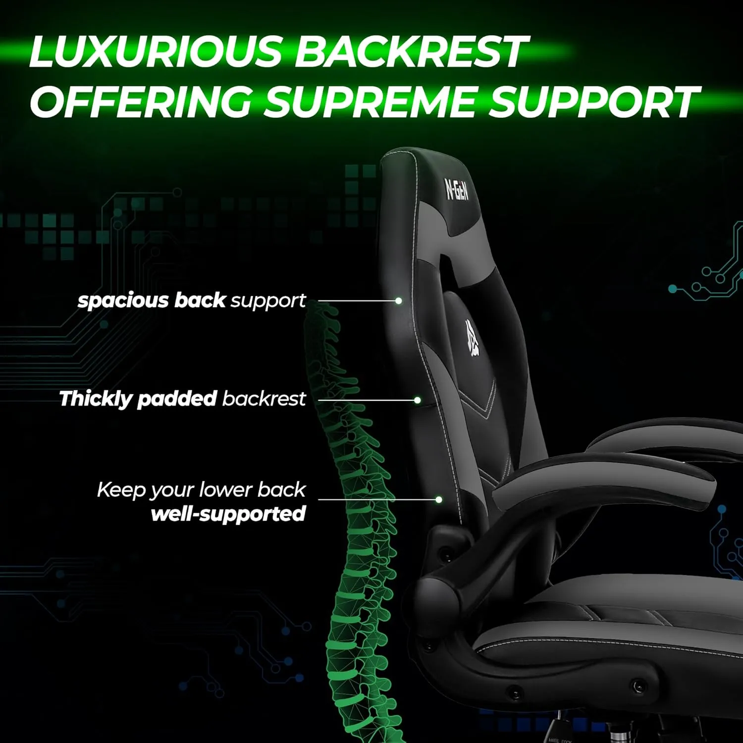 N-GEN GAMING Video Gaming Chair Ergonomic Office Desk Chair with Lumbar Support Adjustable Height Padded Flip Up Arms and Swivel Wheels Racing Style Design for Adults with PU Leather (Grey)